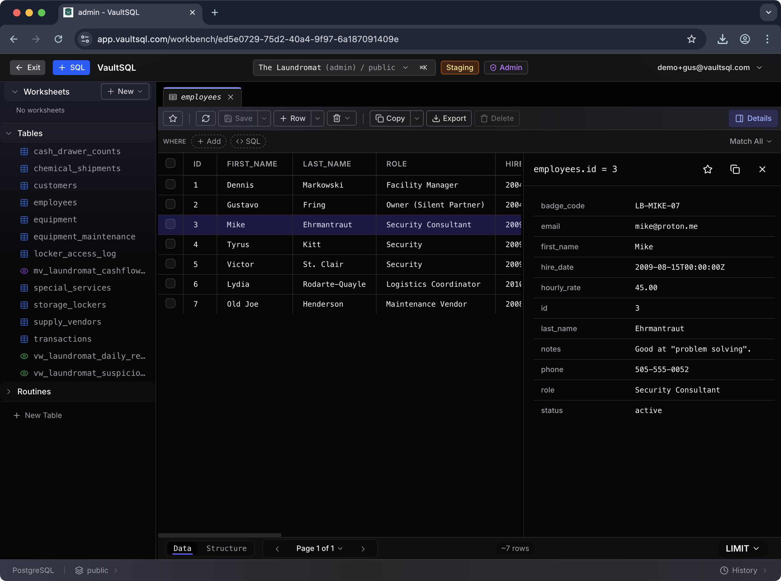 VaultSQL workbench screenshot